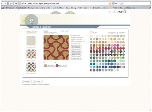 Simulation technology has also translated to manufacturer websites, where digital models of carpet lines can be placed into room set-ups and can be customized with accent colors and yarn substitutions.