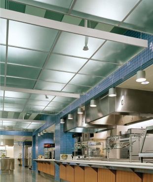 Translucents ceiling panels - USG - www.usg.com 

Translucent infill panels - Full accessibility to ceiling above and to all utilities - Lit from behind - Class A fire rating  - Compatible with several USG open-grid suspension systems


Veneto Glass tile - Stonesource - www.stonesource.com 

Oven-strengthened glass tiles - Each tile is 3/8-inch thick with rounded corners - Available in 48 standard colors - Color applied to the back of each tile - Available in clear and satin finishes