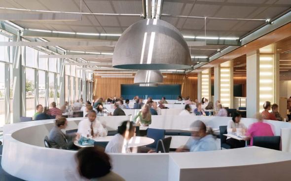 Geometrix ceiling panels - USG - www.usg.com 

Lightweight aluminum ceiling panels - Each panel is canted to varying depths, allowing for texture and dimension on the ceiling surface - Backed with Acoustibond for better sound performance


Dome pendant light fixture - Niedhardt - www.niedhardt.com 

Custom-designed - Structural metal shade


Switch chair - Brayton - www.brayton.com

Matte or polished chrome frame - Coordinating lounge and executive chairs - Solid arm, open arm, and armless options available