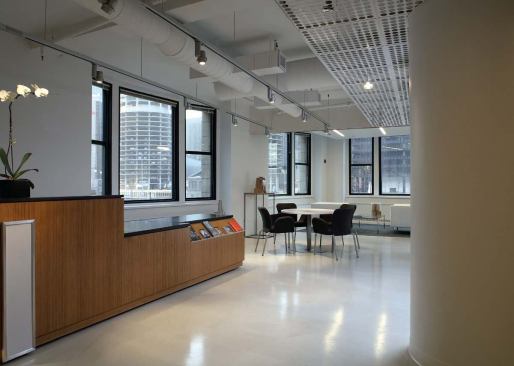 The café area serves as the central hub of the space and allows people to gather informally on their way to and from the surrounding reception area, conference room, and work areas.


LN16 Series low voltage track light - LSI - www.lightingservicesinc.com 

Uses Tungsten halogen MR16 lamps, up to 75 watts - Adjusts vertically and horizontally - Hinged-front


Absolute Black granite countertops - Murphy Marble - www.murphymarble.com 

Polished black marble with little visible aggregate - All custom cut to fit - Several edging options


Levelrock ProFlow floor underlayment - USG - www.usg.com 

High comprehensive strength cementitious underlayment - Provides smooth, hard surface over concrete base floors  - Dries quickly enough for light traffic a few hours after application 