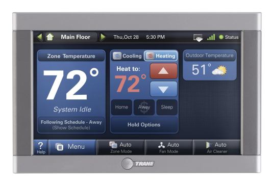 Trane.



The ComfortLink II thermostat features a troubleshooting menu and embedded diagnostics, along with self-calibration for zoning, for easier installation by contractors. For homeowners, a 7-inch color touchscreen provides multi-room monitoring, as well as customizable levels of programming for indoor air quality, temperature, and humidity. The device can be used with any standard HVAC system. 903.581.3660. www.trane.com.