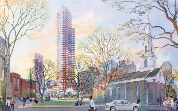 One Theater Square
Architect: BLT Architects, Philadelphia. 
Completion: 2015 (scheduled). 
Brief: $190 million, 328-rental-unit apartment complex; at 482 feet tall, it will be the citys tallest building.