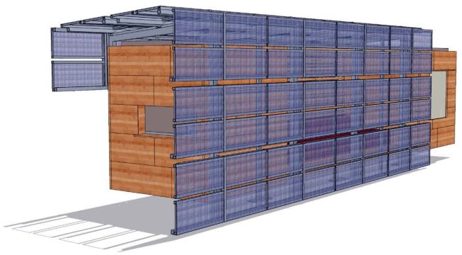 A steel-and-photovoltaic grid shades laborers from the sun and collects solar energy during the day; at night, it folds down to secure the station.