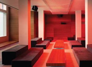 White LED rope lighting is used as cove lighting to accent the perimeters of the bamboo furniture (above) and the façade of the building(below).