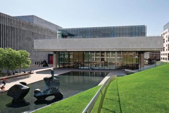 A view of the Lincoln Center Theater from new landscaping on the grounds.