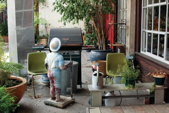 Hood’s notion of personal “presence” is evident in the juxtaposition of bamboo and barbecue in the studio courtyard.