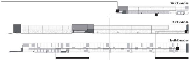 On the eastern side of the warehouse's north façade, a 70-foot-wide Cor-Ten steel frame projects slightly away from the building. 
