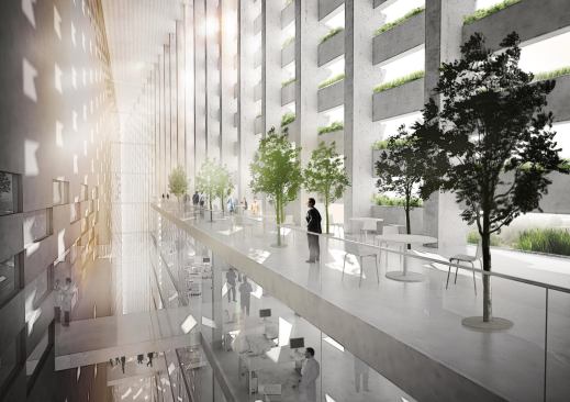 Inside, plans include office space and daylit circulation spaces.
