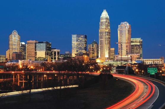 The tallest building between Philadelphia and Atlanta, the Bank of America Corporate Center (third from right) was designed by Cesar Pelli and HKS Architects.