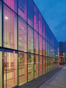 Façade lit by color-changing LEDs.