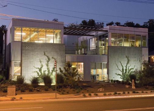 ZEITGEIST BUILDING

Architect: Laughing Dog Studio Architecture (Charlotte)

Developers: Bruce Clodfelter and Clay Andrews

Completed: 2005

Cost: $850,000

Developed specifically for creative businesses, the 4,000-squarefoot structure won AIA Charlotte's 2005 Carole Hoefener Carriker Sustainable Design Award.