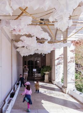 The paper lanterns were hung from bamboo poles (so as not to interfere with the structural integrity of the museum’s historic building status) in the 12-foot-wide by 70-foot-long loggia facing the museum’s courtyard.