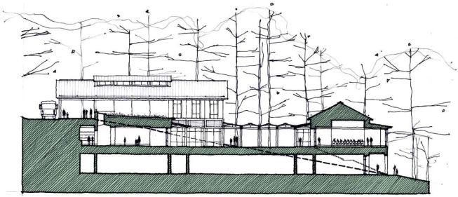 Set in the hillside, the threestory visitors center sits on the site of an earlier one, limiting the impact of new construction.