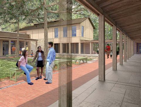 The courtyard serves as a central access point to the different facilities within the visitors center.