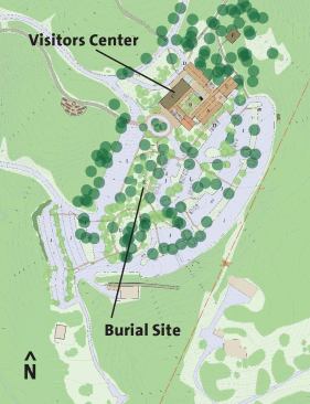 The center is located on a site between Jefferson's burial ground (to the south) and the main house (to the north, not shown).