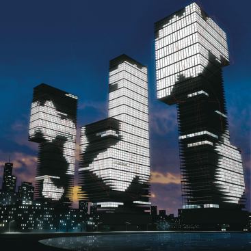 "Nix," also completed in 2005, continued this line of thinking by asking: Why apply these technologies just to a building's facade when you could use a building's three-dimensional form as a multidimensional pixel landscape?