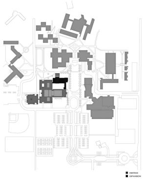 Plans give an aerial perspective on the addition within the Saint Benedict campus and show its relation to the original arts center.