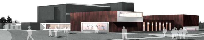 A rendering differentiates between the existing structure, in black and white, and the 28,500-square-foot, red-panel-clad addition, with (from left to right) a lobby extension, a dance studio, a music rehearsal room, and a black box theater.