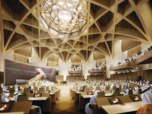 Main meeting room with daylight coming through central skylight.