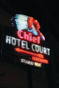The Chief Hotel Court opened in 1939 near Las Vegas’ downtown district at 1201 E. Fremont Street. The neon sign that remains from the property was created circa 1940, making it one of the oldest neon signs in Las Vegas today. It has been completely restored and is now installed as part of the Neon Museum’s Downtown Gallery on Fremont Street at Las Vegas Boulevard.  