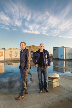 Jan and Tim Edler on the rooftop of their Berlin studio (left and right).