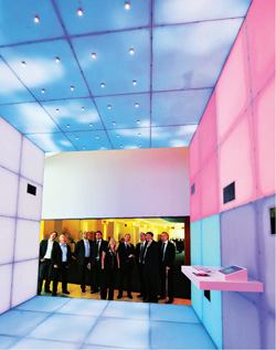 Zumtobel's modular LED tile called Cielos can create walls and floors that change color and pattern, including the ability to produce video-driven patterns.
