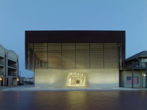 View of the building at dusk.