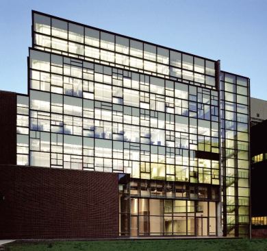 The cavity between the glass panes in the curtain wall system at Levine Hall acts as a return air plenum for the HVAC system.