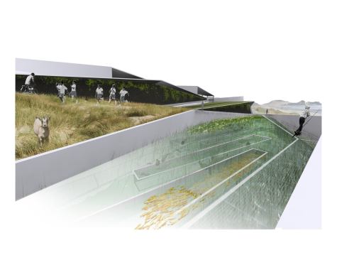Each levee protects the waterfront with a system of ecological improvements: fish farms, marshes, and dune habitats.