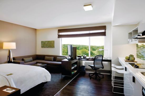 Starwood’s Element brand serves as an eco-innovation lab for the rest of the company, piloting new technologies that are then applied to other brands. The Element Miami International Airport (shown) has recycling bins in guest rooms and public areas, soy-based fabrics, a daylight-harvesting system in public spaces, and energy-efficient LED exterior lighting, among other sustainable practices.