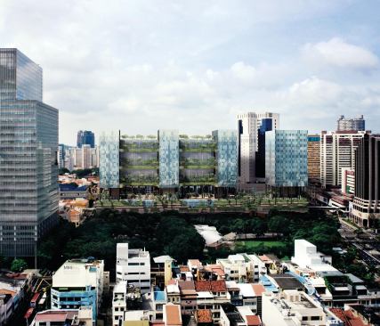 The Parkroyal on Pickering in central Singapore was designed as a hotel in a garden, extending the greenery from the neighboring park with sky gardens, water features, and planted terraces.
