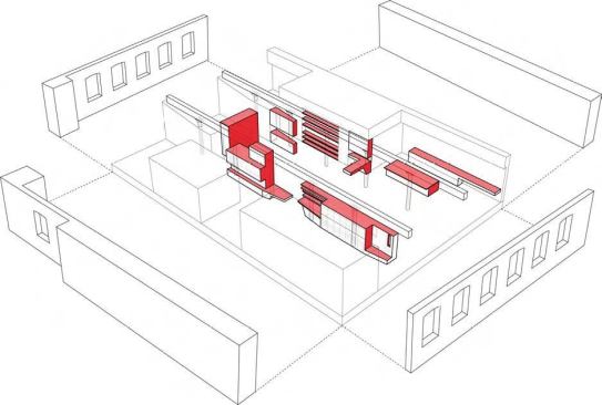 An axo of the unit shows the organization of the spaces.