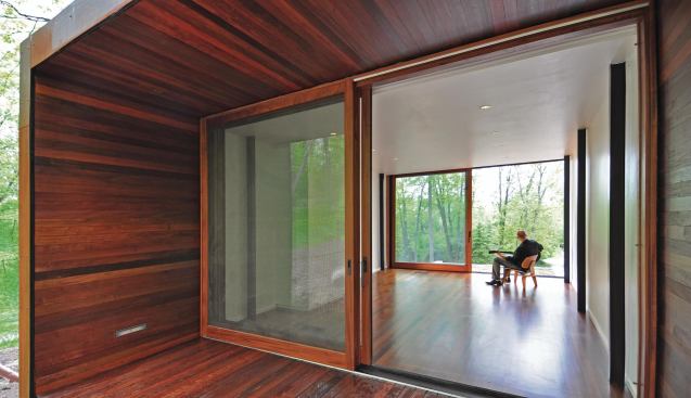 Ipe lines the porch’s floor, walls, and soffit.