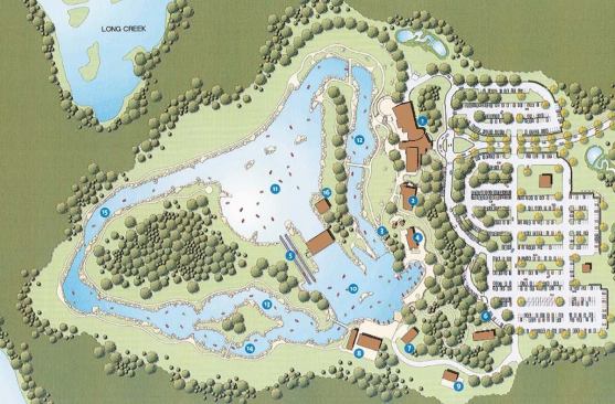 About 300 feet from the River Center sits the pump house, containing seven pumps that circulate more than 12 million gallons of water through the park. 


1. River Center

2. Climbing Center

3. Pavilions

4. Rafting Storage

5. Pump House/Conveyor

6. Day Camp

7. Kayak Storage

8. Raft Storage

9. Maintenance

10. Upper Pond

11. Lower Pond

12. Slalom Channel

13. Freestyle Channel

14. Wilderness Channel

15. Big-Water Channel

16. Filtration System