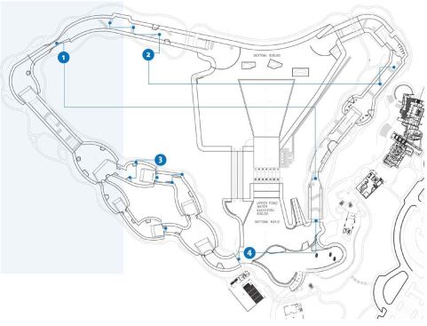 CHANNEL PLAN

1. "Scobstacles": a Scott Shipley design feature to restrict flow

2. Omniflot pegboard system: movable fiberglass obstacles

3. Natural rock obstacles

4. Head gates, to stop or adjust the flow into the channels