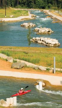 One kayaker tests the omniflot obstaclesin the slalom channel. 