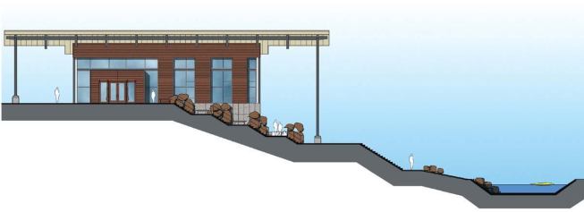  A section shows the relationship of the entry and channel levels to each other and to the slalom channel, which lies another 15 feet below. On the entry level are meeting rooms and offices . Locker rooms and the restaurant are located on the channel level (bottom floor plan).