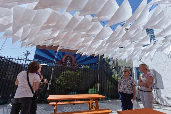 Superscript, architect and artist Kate Moxham’s shade structure, hangs over the reading yard of 826LA literacy center in Echo Park. A collaboration between the designer, M&A, and youth-education nonprofit 826LA, the Tyvek canopy grew out of a series of hands-on workshops.
