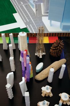 The white concept models for a Vancouver high-rise are the earliest studies for the project. The more colorful column is a structural study.