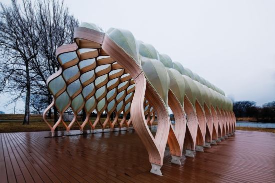 The design for the education pavilion at Chicago's Lincoln Park Zoo emerged from the selection of wood and fiberglass to build the lattice. "We were looking for the best performance from materials," Gang says.