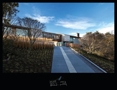 The front of the house draws visitors up into the hillside.