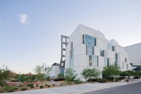 The cubic massing of a hillside village in Morocco inspired the clinic building.