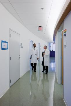 Curving hallways in the clinic building.
