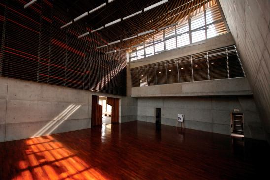 Community Hall interior, with hand-carved double entry doors.
