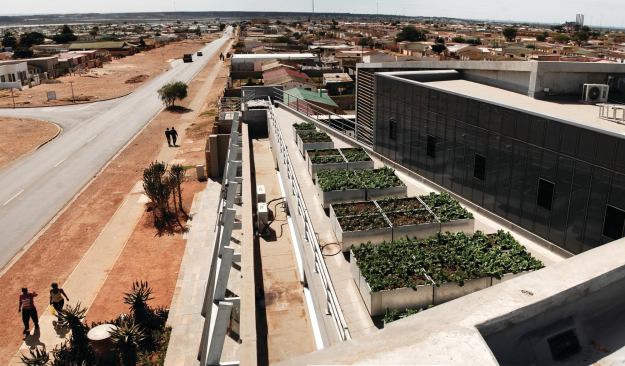 A rooftop vegetable garden is used a space to educate the community on how to plant and tend their own gardens. The vegetables produced are used to create meals for the children who come to the center. 