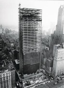 In December 1956, construction on the Seagram was about halfway done, with 38 floors framed out, glass inserted on the seventh floor, and bronze mullions attached up to the 14th floor.