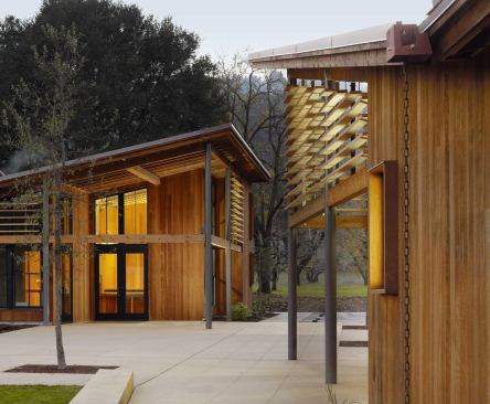 Sustainable elements at Portola Valley Town Center include the use of reclaimed wood from a 1950s building that was on site.