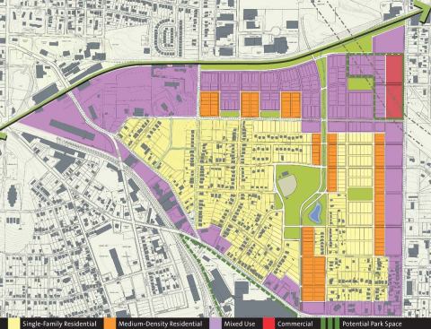 The master plan for the Belt Line includes residential, mixed-use, and commercial neighborhoods and pays careful attention to the location and flow of streets to create density and, with it, an urban feel.