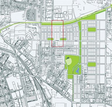 A close-up of an area on the northern edge of the Belt Line shows that housing typologies have been intermixed to add density to the neighborhood.