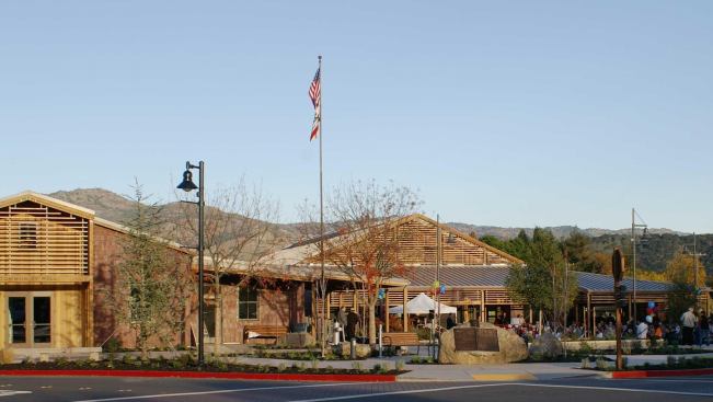 The Yountville Town Center comprises the community hall on the left and the town center and library on the right.